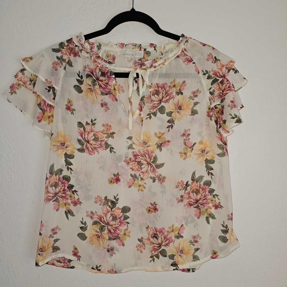 Alex & Lily Floral Ruffle Sleeve‎ Tie Neck Blouse Women's M Cream Pink Yellow